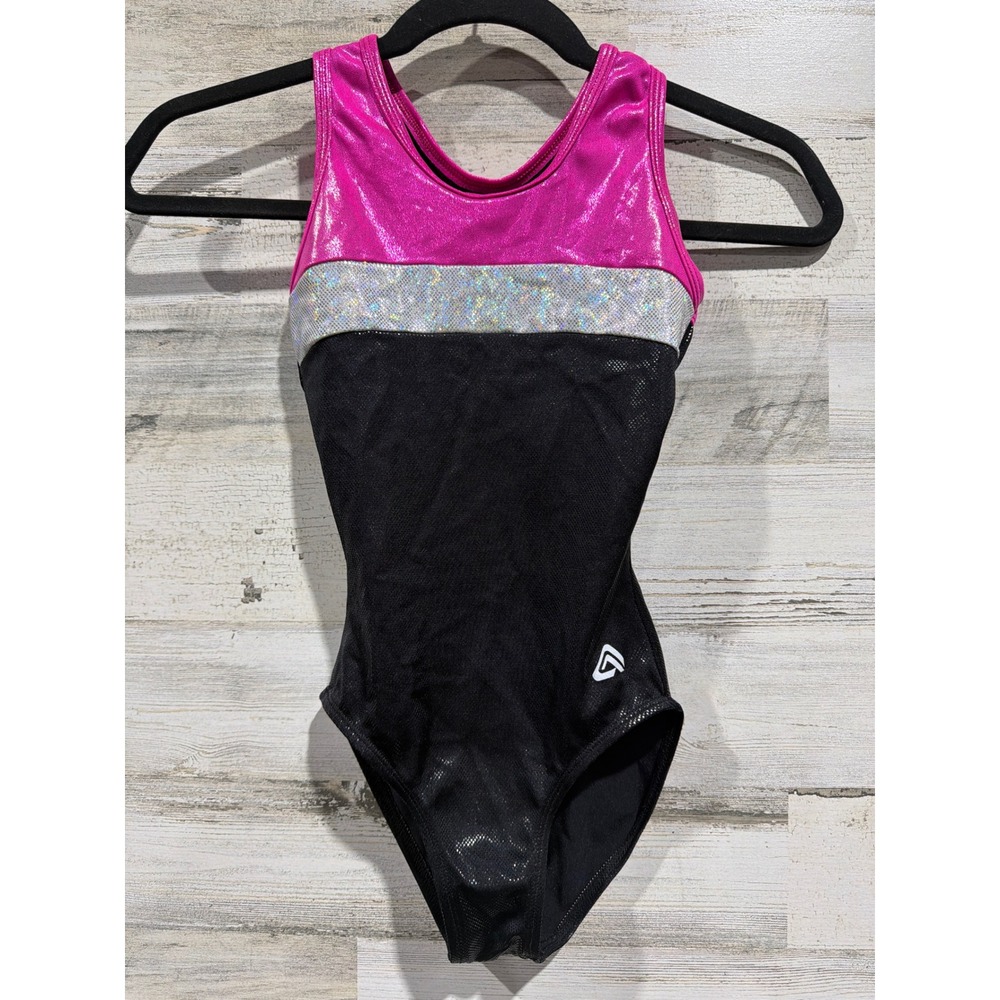 Alpha Factor Aerial Leotard Girls Large Pink Black Shiny Gymnastics EUC